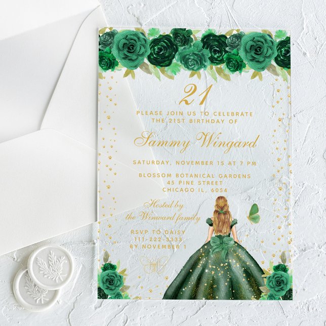 Green Floral Blonde Hair Princess Birthday Party Acrylic Invitations (Creator Uploaded)