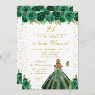 Green Floral Blonde Hair Princess Birthday Party Invitation