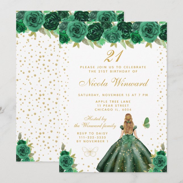 Green Floral Blonde Hair Princess Birthday Party Invitation (Front/Back)