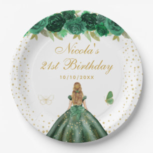 Green Floral Blonde Hair Princess Birthday Party Paper Plate