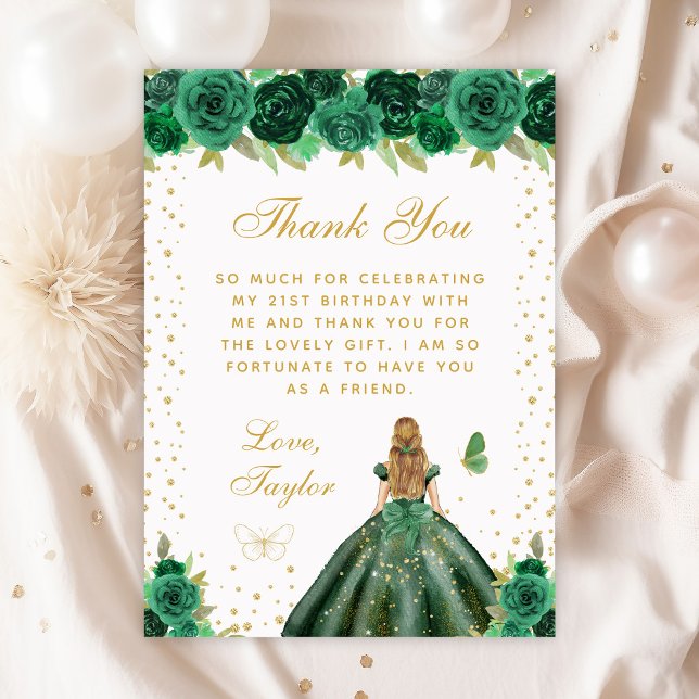 Green Floral Blonde Hair Princess Birthday Party Thank You Card (Creator Uploaded)