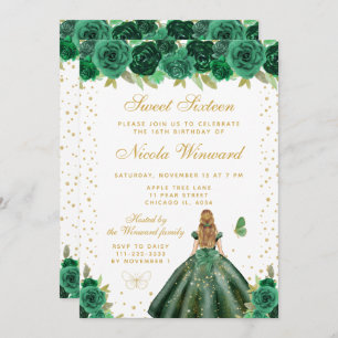 Green Floral Blonde Hair Princess Sweet Sixteen Invitation