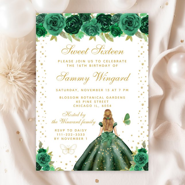 Green Floral Blonde Hair Princess Sweet Sixteen Invitation (Creator Uploaded)