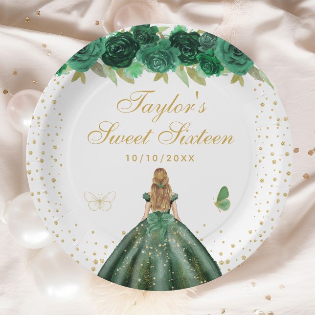 Green Floral Blonde Hair Princess Sweet Sixteen Paper Plate (Creator Uploaded)