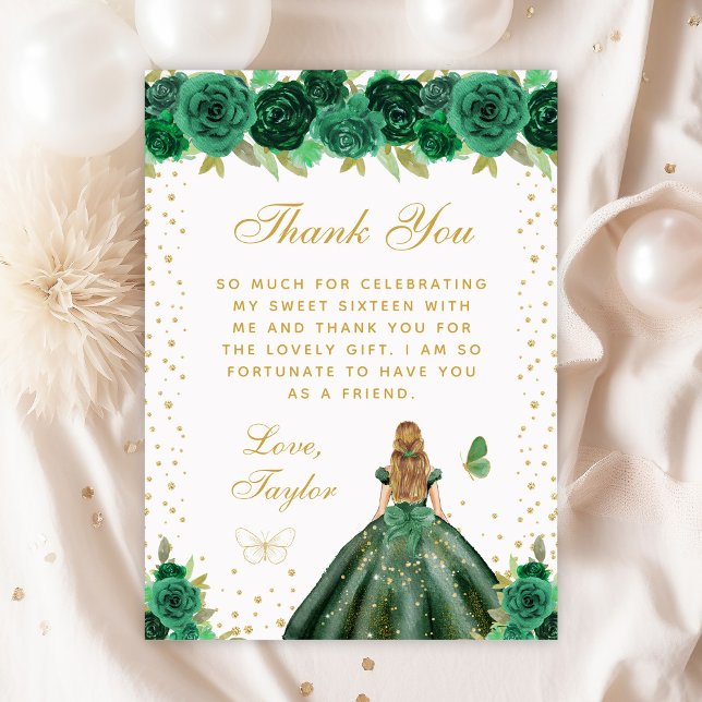 Green Floral Blonde Hair Princess Sweet Sixteen Thank You Card (Creator Uploaded)