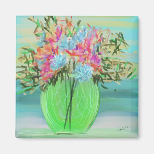 Green Floral Bouquet Original Art Magnet (Front)