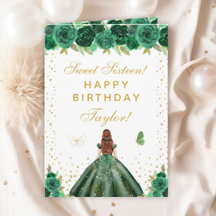 Green Floral Brown Hair Girl Sweet Sixteen Card