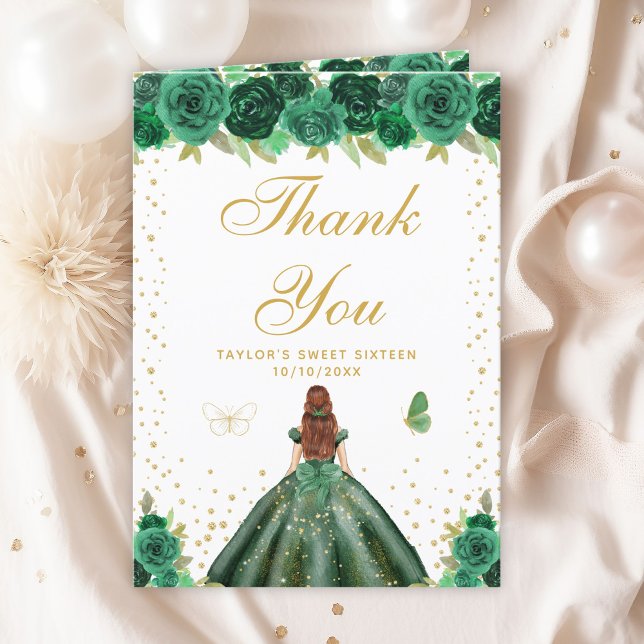 Green Floral Brown Hair Girl Sweet Sixteen Thank You Card (Creator Uploaded)