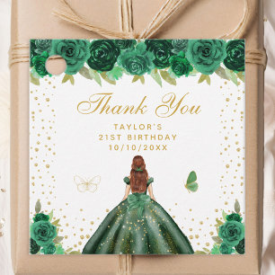 Green Floral Brown Hair Princess Birthday Party Favour Tags
