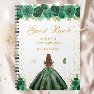 Green Floral Brown Hair Princess Guest Book