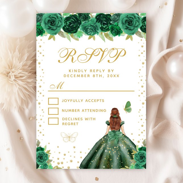 Green Floral Brown Hair Princess Sweet Sixteen RSVP Card (Creator Uploaded)