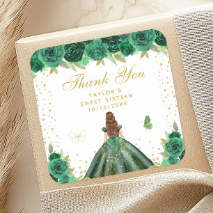 Green Floral Brown Hair Princess Sweet Sixteen Square Sticker