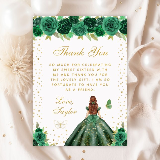 Green Floral Brown Hair Princess Sweet Sixteen Thank You Card (Creator Uploaded)