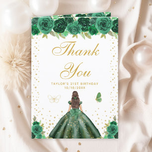 Green Floral Brunette Hair Girl Birthday Party Thank You Card