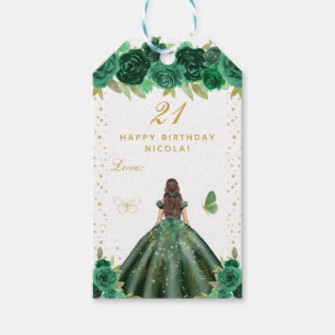 Green Floral Brunette Hair Girl Happy Birthday Gift Tags