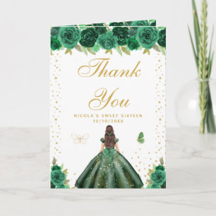 Green Floral Brunette Hair Girl Sweet Sixteen Thank You Card