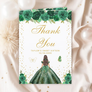 Green Floral Brunette Hair Girl Sweet Sixteen Thank You Card