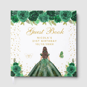 Green Floral Brunette Hair Princess Birthday Party Guest Book