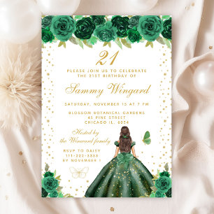 Green Floral Brunette Hair Princess Birthday Party Invitation