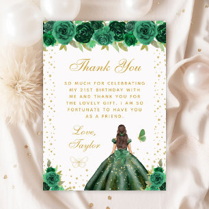 Green Floral Brunette Hair Princess Birthday Party Thank You Card
