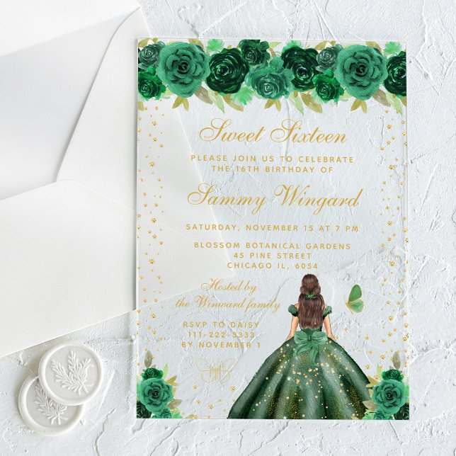 Green Floral Brunette Hair Princess Sweet Sixteen Acrylic Invitations (Creator Uploaded)