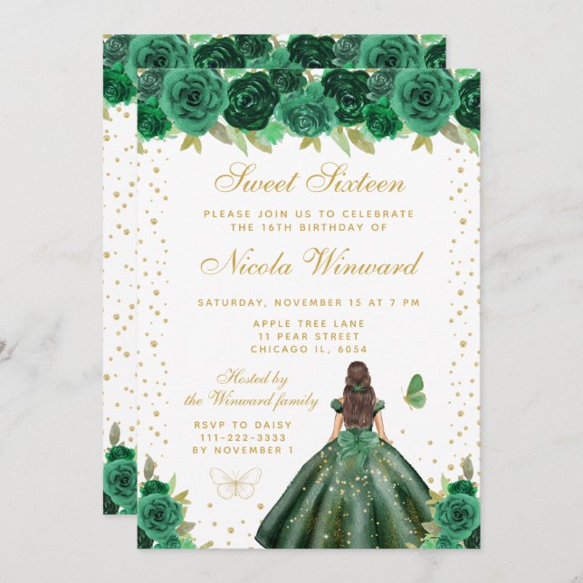Green Floral Brunette Hair Princess Sweet Sixteen Invitation (Front/Back)
