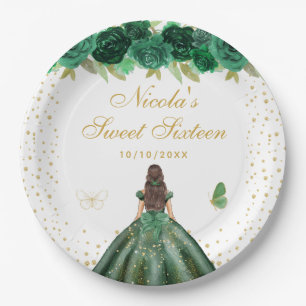 Green Floral Brunette Hair Princess Sweet Sixteen Paper Plate