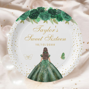 Green Floral Brunette Hair Princess Sweet Sixteen Paper Plate
