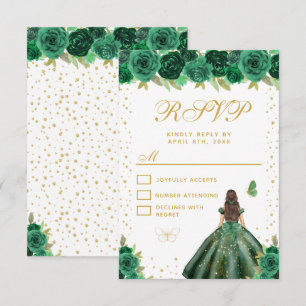 Green Floral Brunette Hair Princess Sweet Sixteen RSVP Card