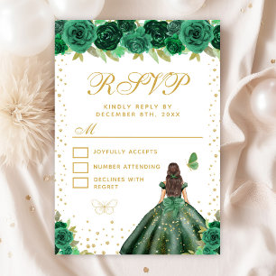 Green Floral Brunette Hair Princess Sweet Sixteen RSVP Card