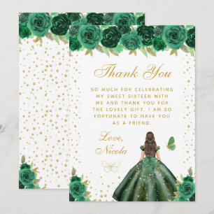 Green Floral Brunette Hair Princess Sweet Sixteen Thank You Card
