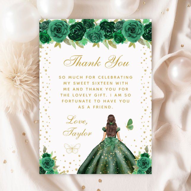 Green Floral Brunette Hair Princess Sweet Sixteen Thank You Card (Creator Uploaded)