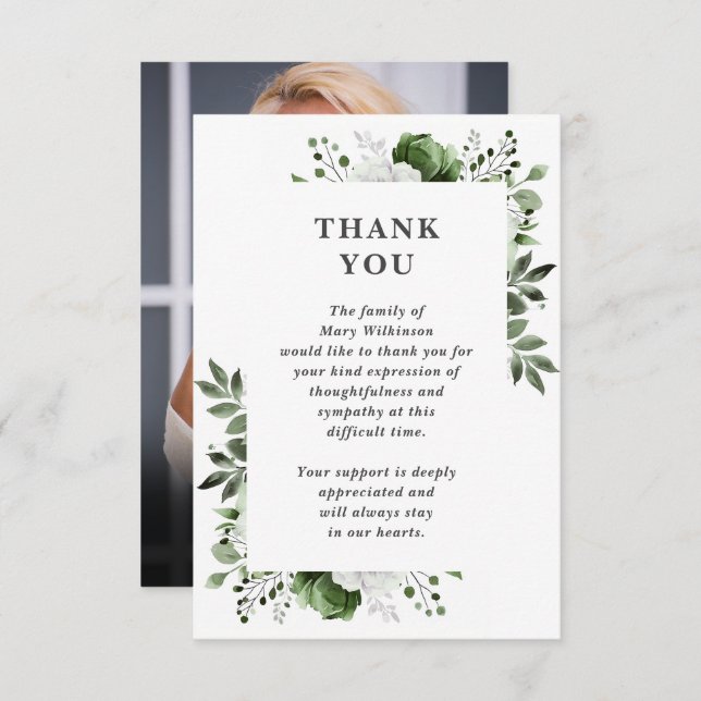 Green Floral Celebration Of Life Funeral Photo Thank You Card (Front/Back)