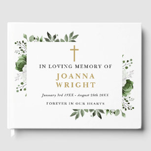 Green Floral Christian In Loving Memory Funeral Guest Book