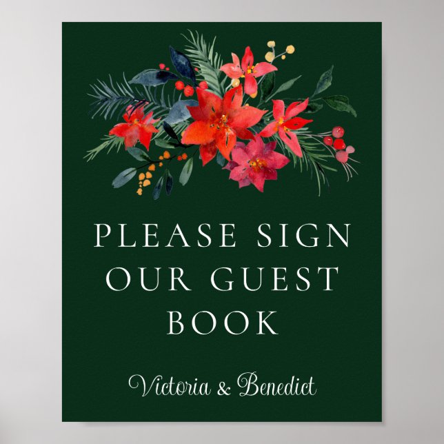 Green Floral Christmas Wedding Guest Book Poster (Front)