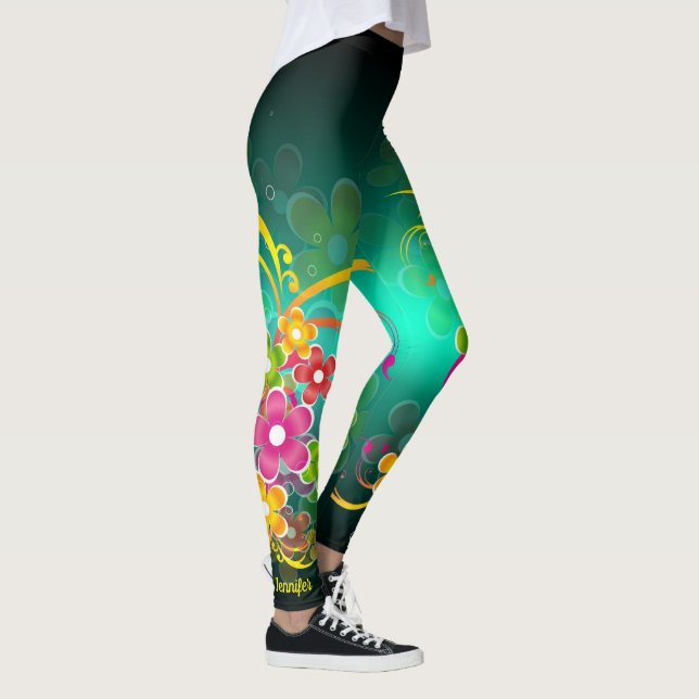 Green Floral Custom Name Leggings Yoga Pants (Right)