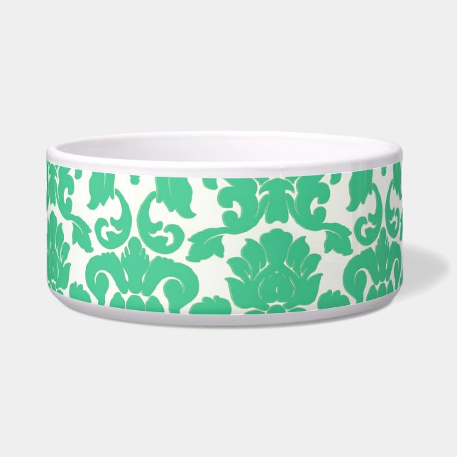 Green Floral Damask Dog Bowl (Front)