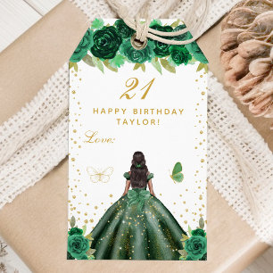 Green Floral Dark Skin Girl Happy Birthday Gift Tags