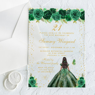 Green Floral Dark Skin Princess Birthday Party Acrylic Invitations