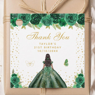 Green Floral Dark Skin Princess Birthday Party Favour Tags