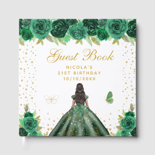 Green Floral Dark Skin Princess Birthday Party Guest Book