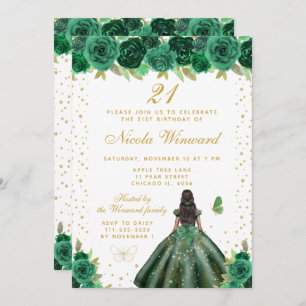 Green Floral Dark Skin Princess Birthday Party Invitation