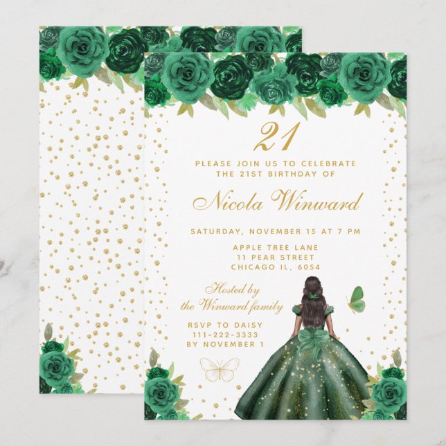 Green Floral Dark Skin Princess Birthday Party Invitation (Front/Back)