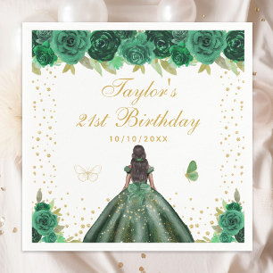 Green Floral Dark Skin Princess Birthday Party Napkin