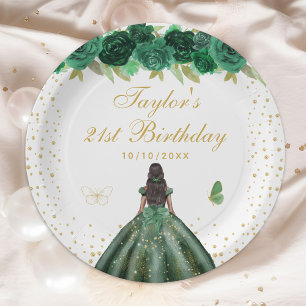 Green Floral Dark Skin Princess Birthday Party Paper Plate