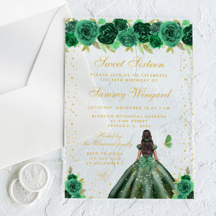 Green Floral Dark Skin Princess Sweet Sixteen Acrylic Invitations