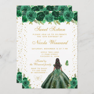 Green Floral Dark Skin Princess Sweet Sixteen Invitation