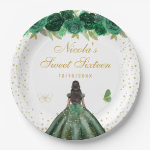Green Floral Dark Skin Princess Sweet Sixteen Paper Plate