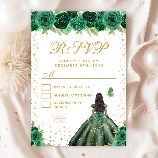 Green Floral Dark Skin Princess Sweet Sixteen RSVP Card (Creator Uploaded)
