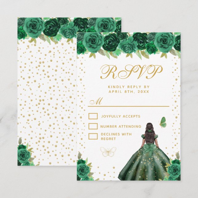 Green Floral Dark Skin Princess Sweet Sixteen RSVP Card (Front/Back)